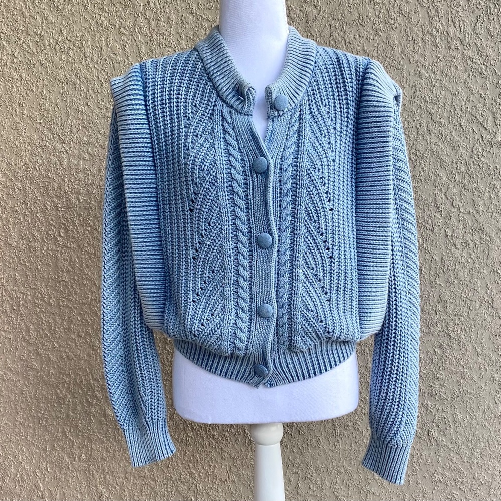 Mango Light Blue Cable Knit Button-Front Cardigan Sweater - Picture 5 of 10
